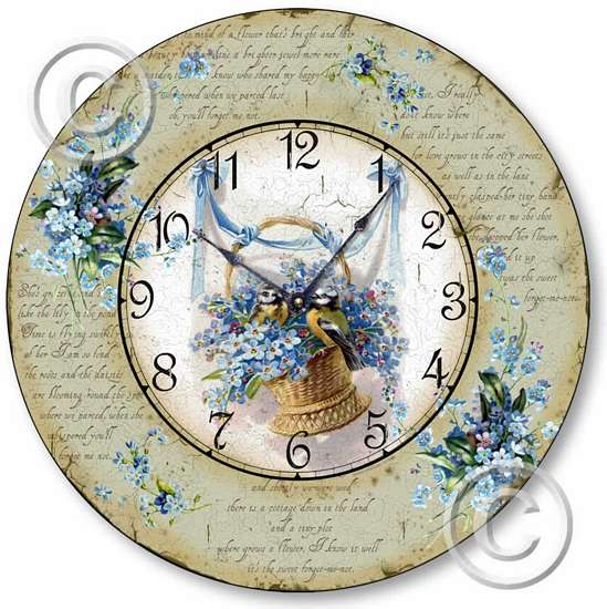 Item C1601 Vintage Style Forget Me Nots Birds Clock